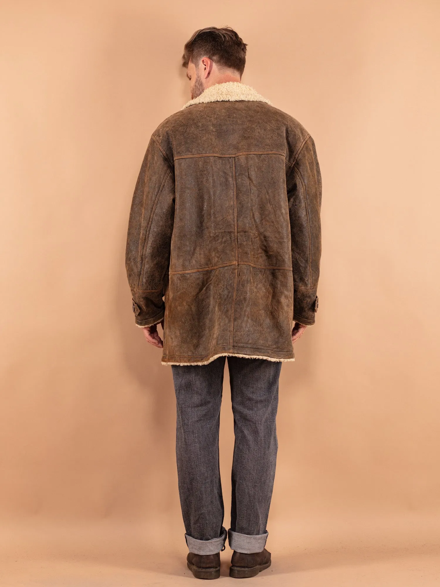 Vintage 80's Men Sheepskin Coat in Rustic Brown