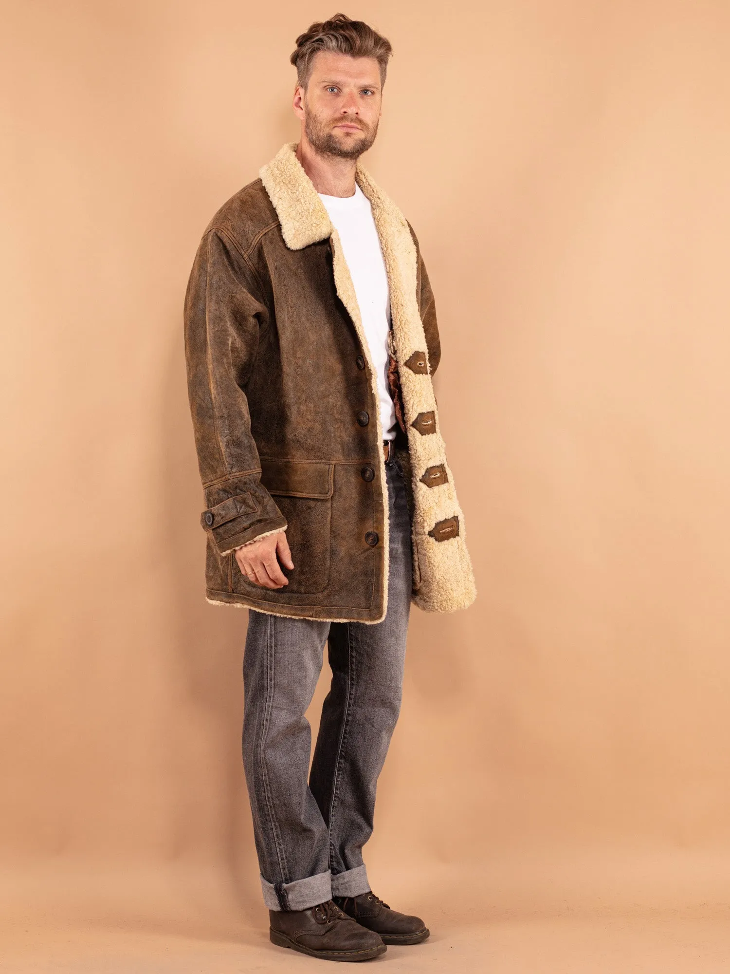 Vintage 80's Men Sheepskin Coat in Rustic Brown