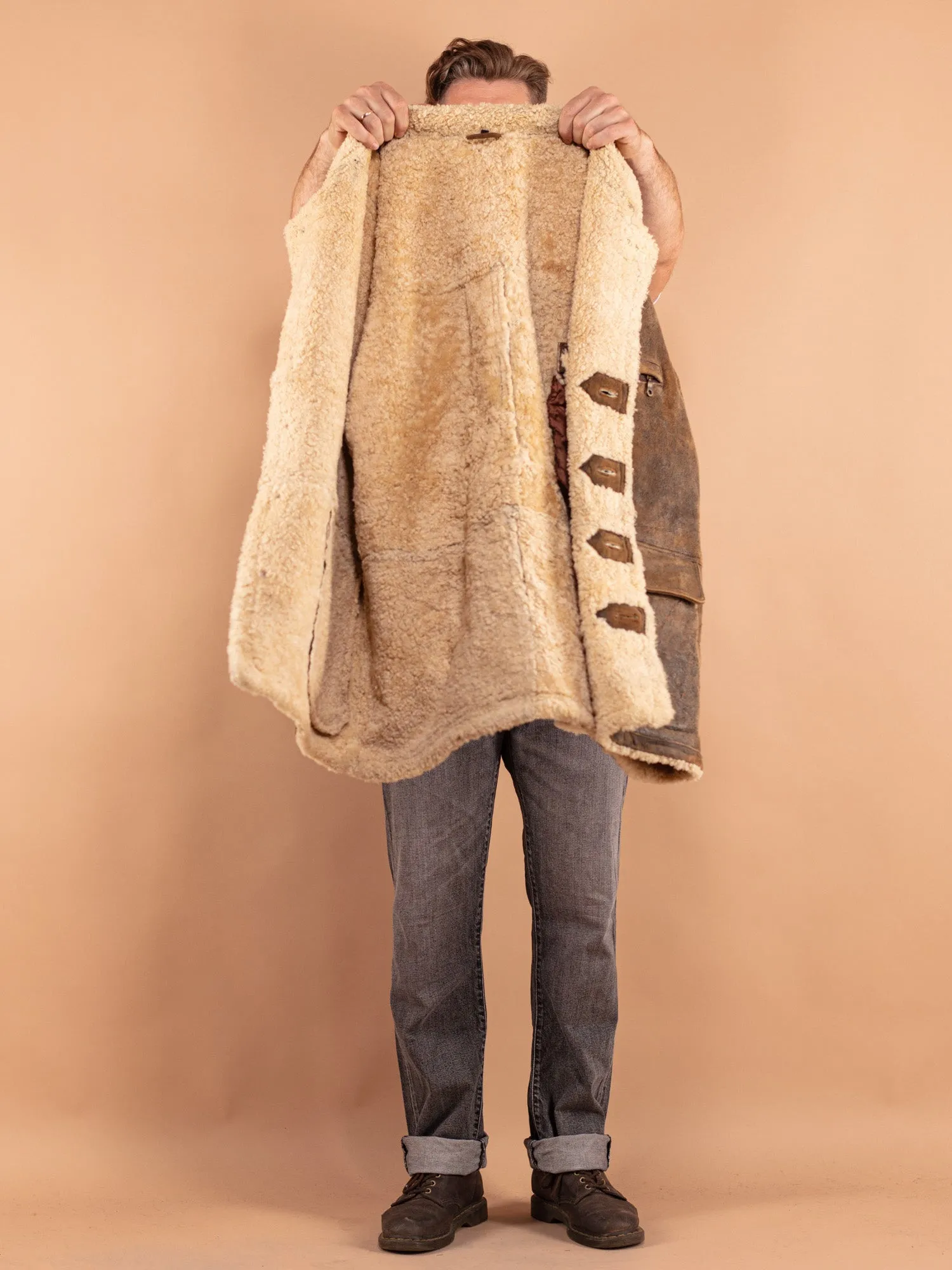 Vintage 80's Men Sheepskin Coat in Rustic Brown