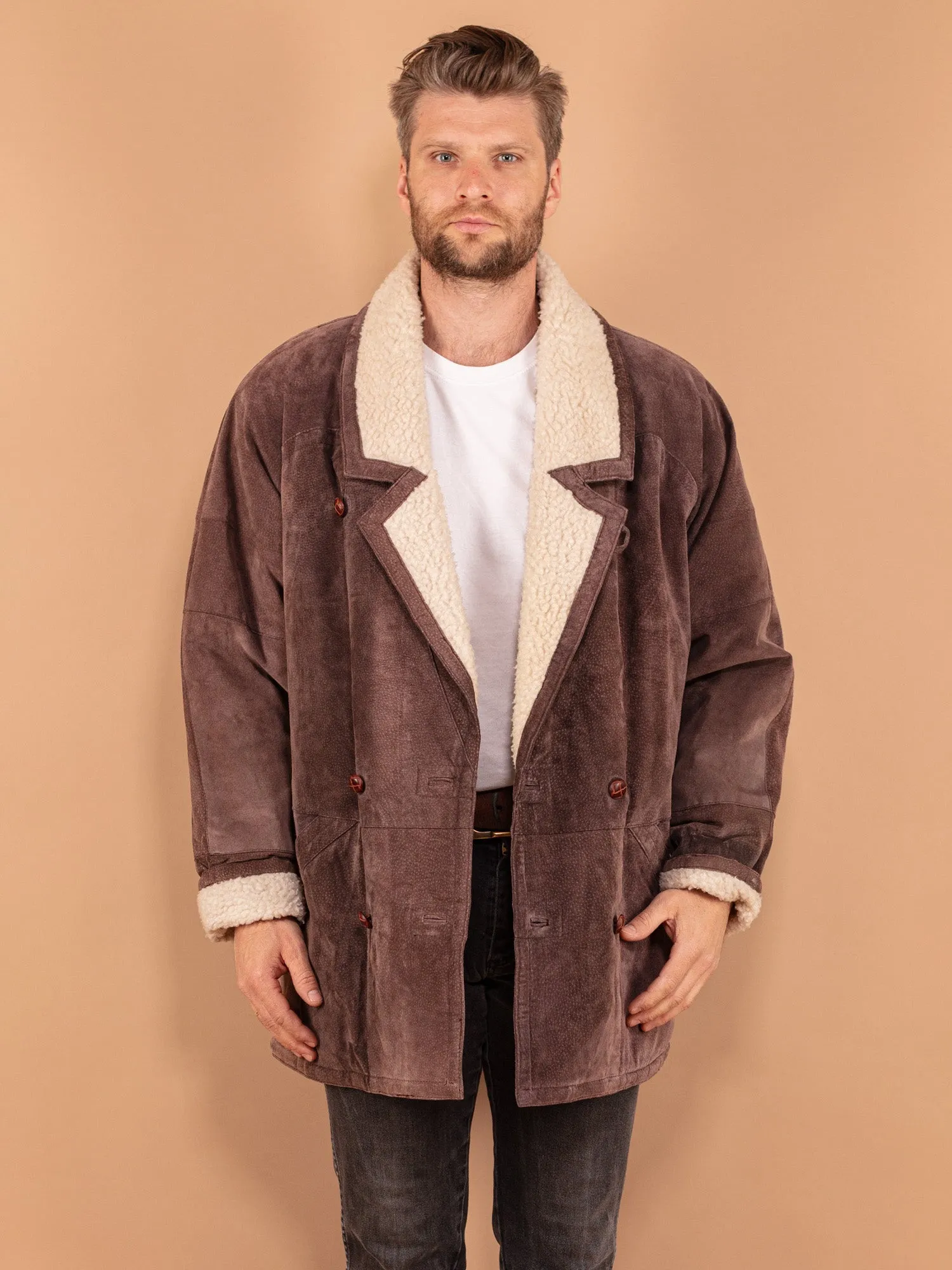 Vintage 80's Men Suede Sherpa Coat in Brown