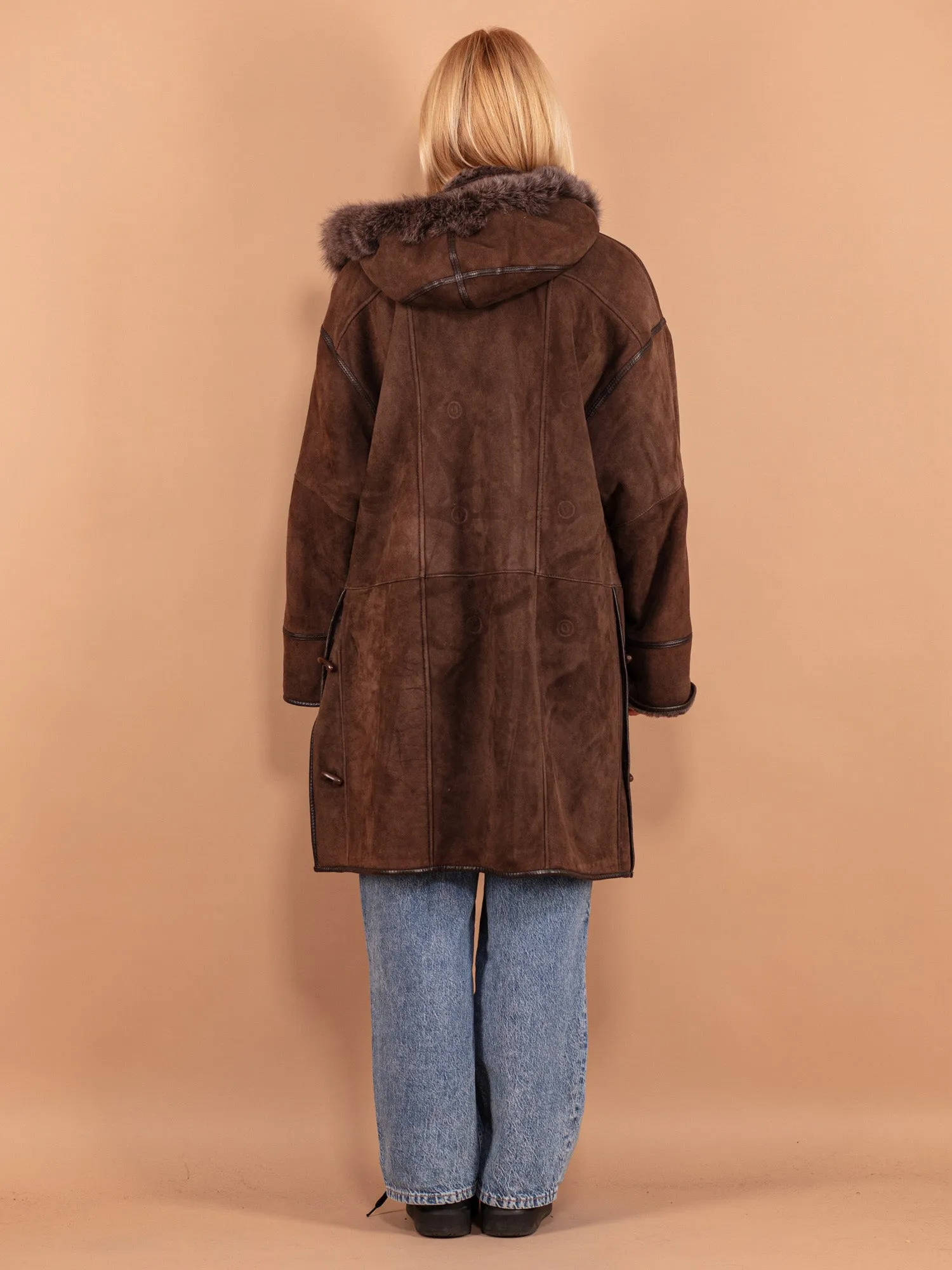 Vintage 80's Women Hooded Sheepskin Coat in Brown