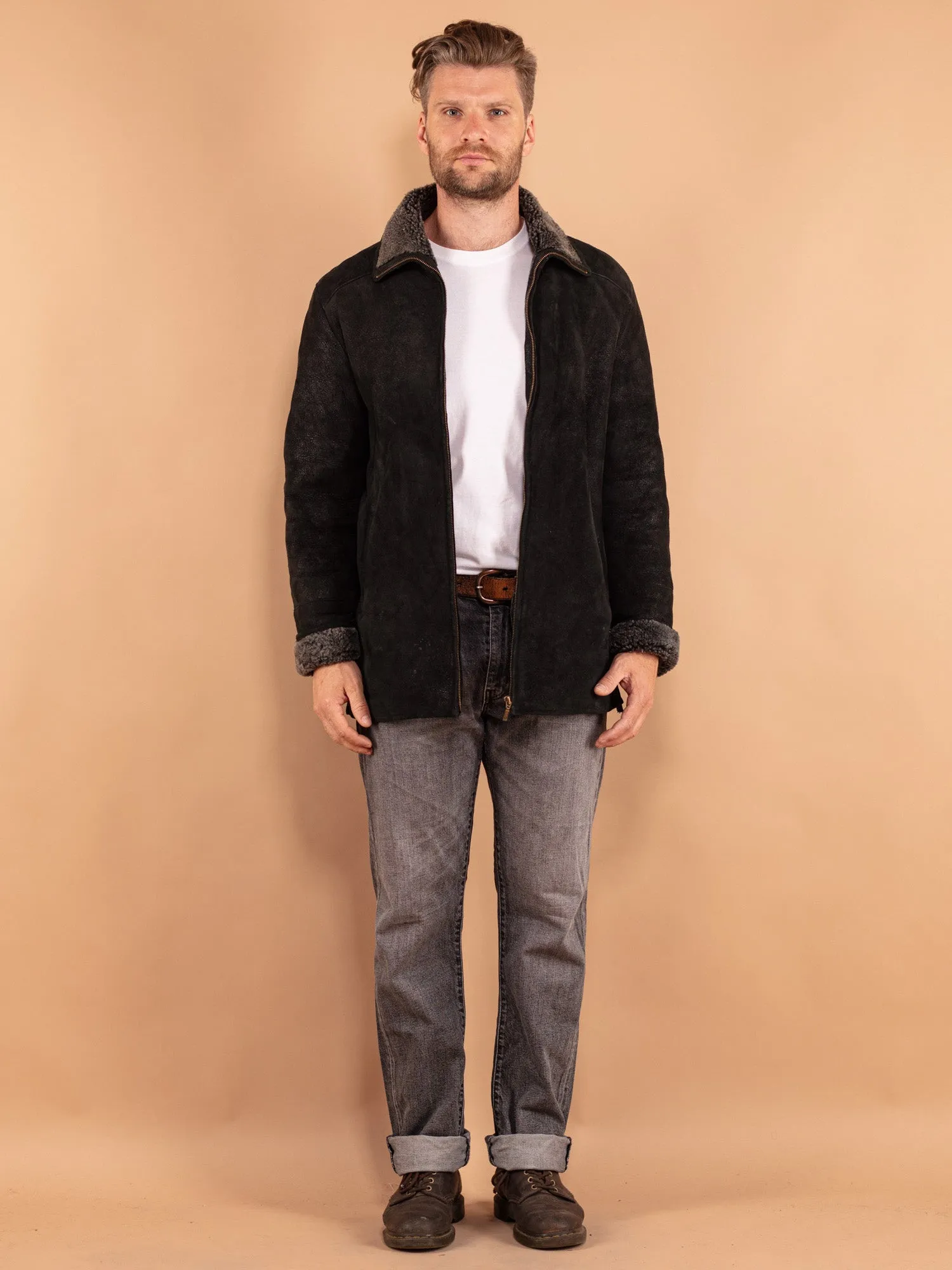 Vintage 90's Men Sheepskin Coat in Black