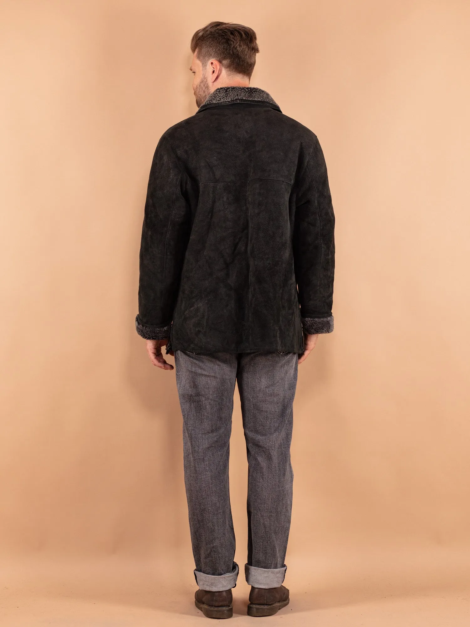 Vintage 90's Men Sheepskin Coat in Black