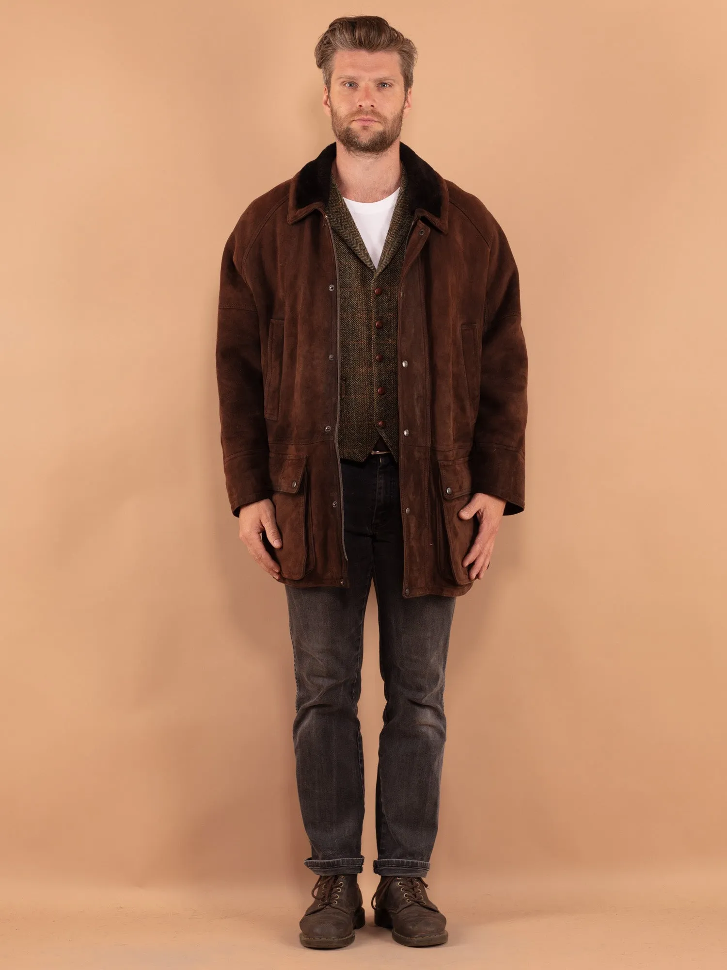 Vintage 90's Men Sheepskin Coat in Brown