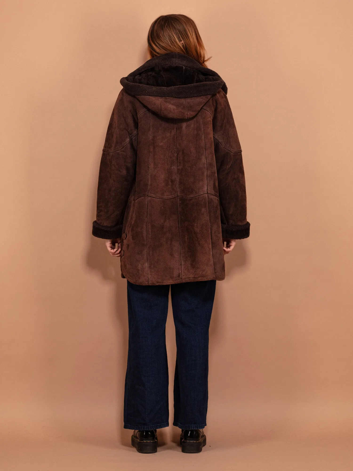 Vintage 90's Women Hooded Sheepskin Coat in Brown