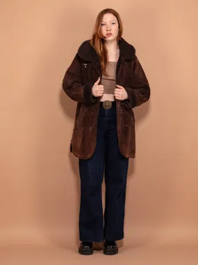 Vintage 90's Women Hooded Sheepskin Coat in Brown