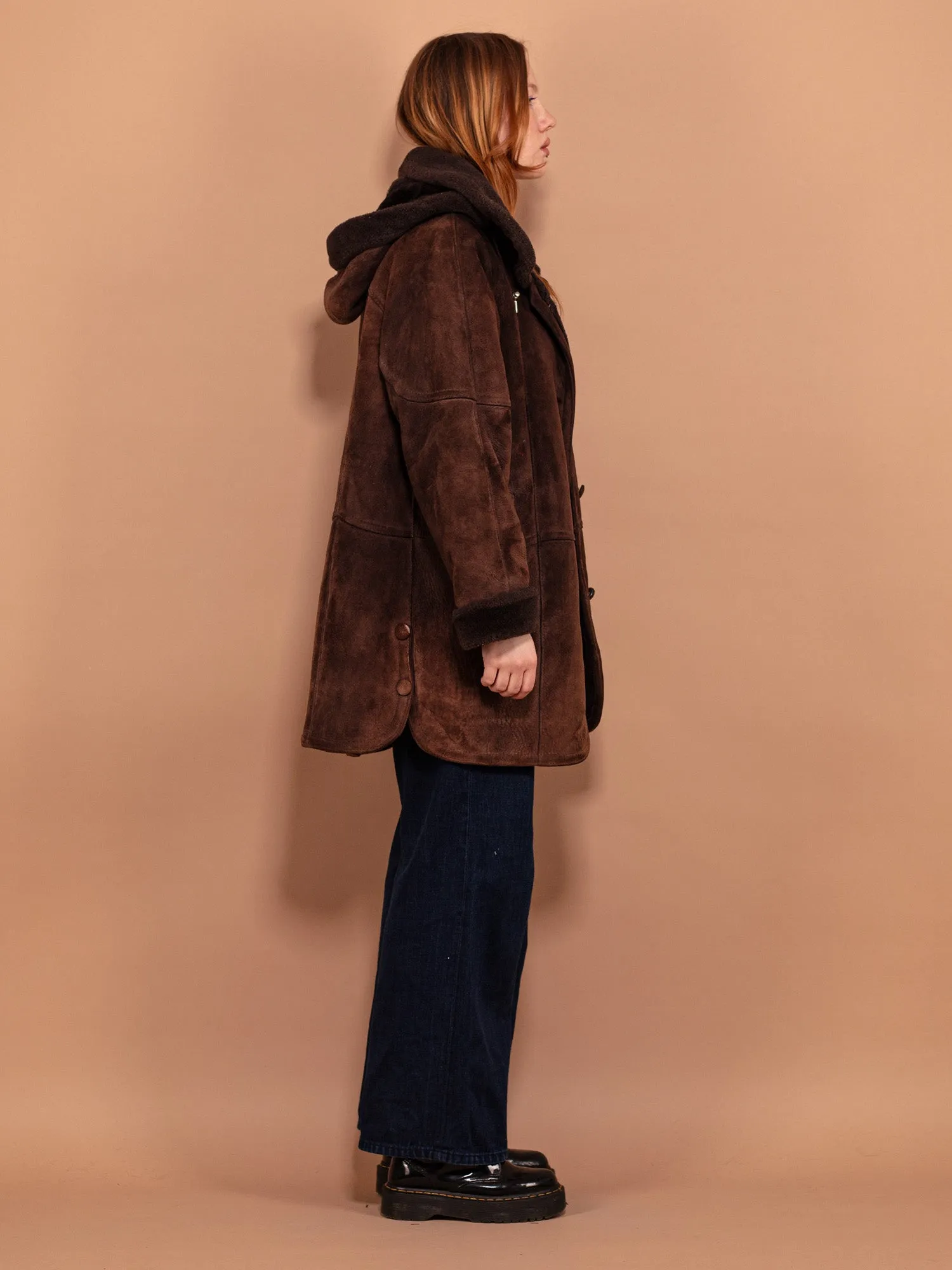 Vintage 90's Women Hooded Sheepskin Coat in Brown