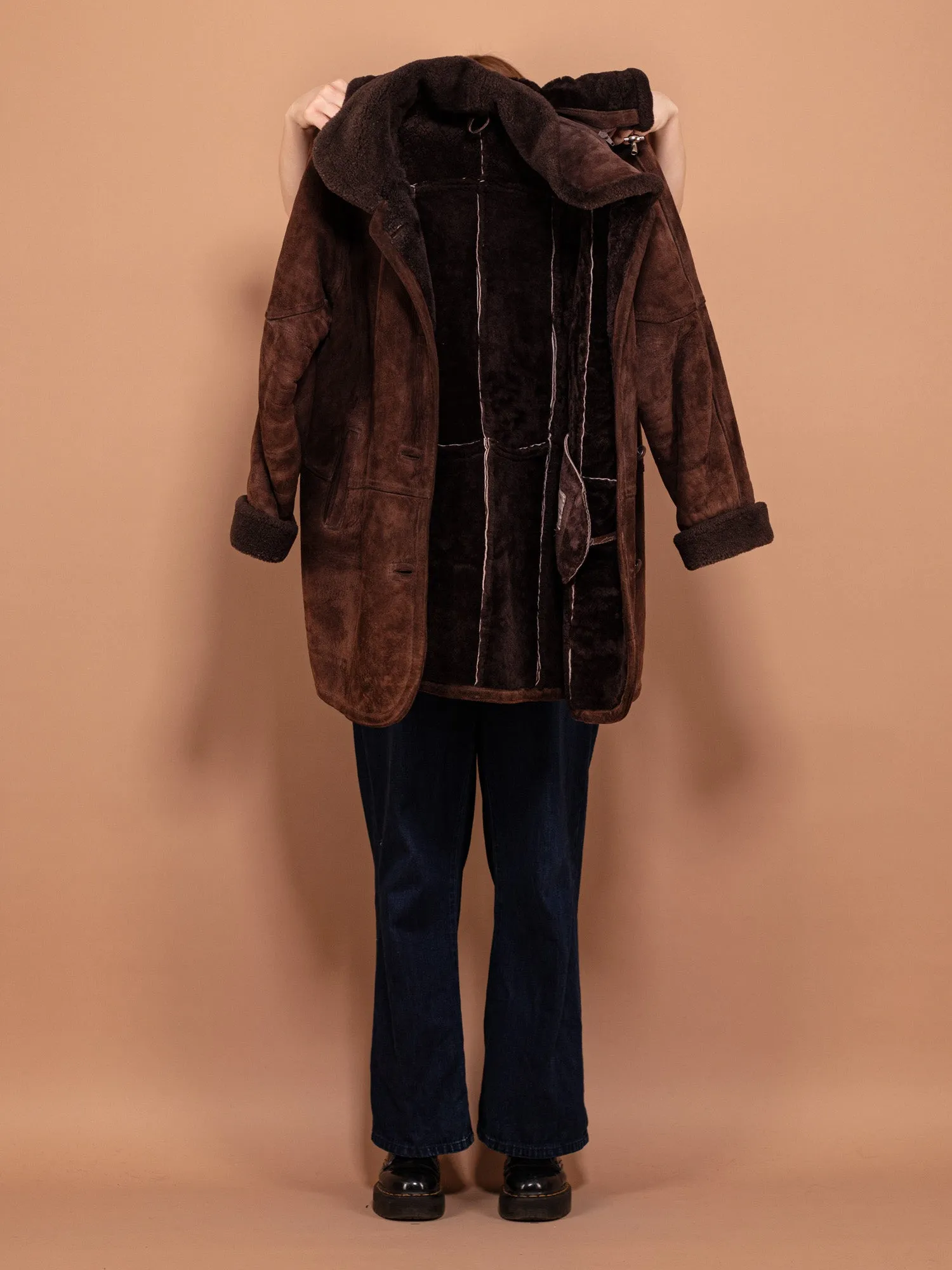 Vintage 90's Women Hooded Sheepskin Coat in Brown