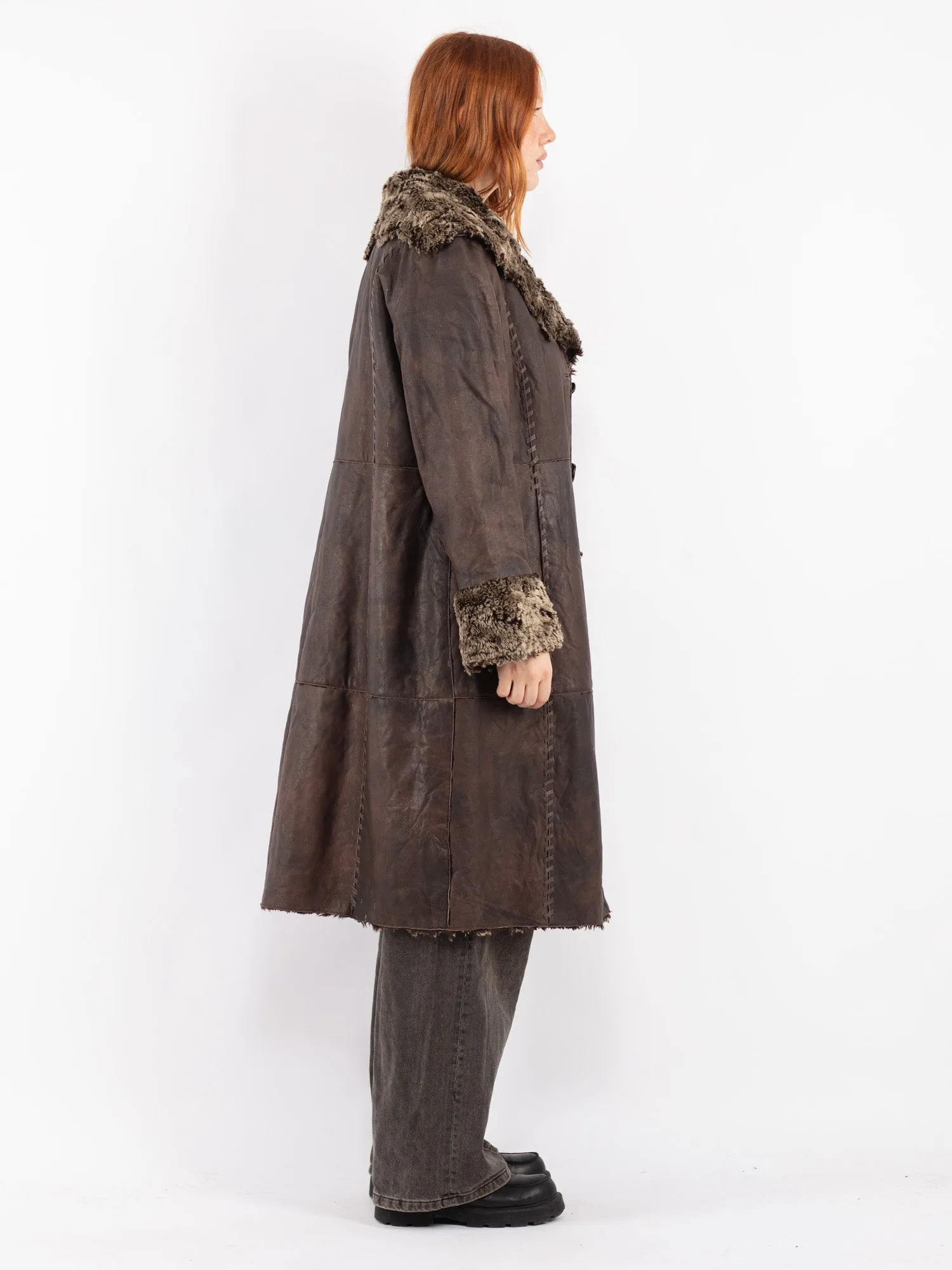 Vintage 90's Women Leather Sherpa Coat in Brown