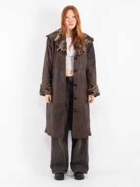 Vintage 90's Women Leather Sherpa Coat in Brown