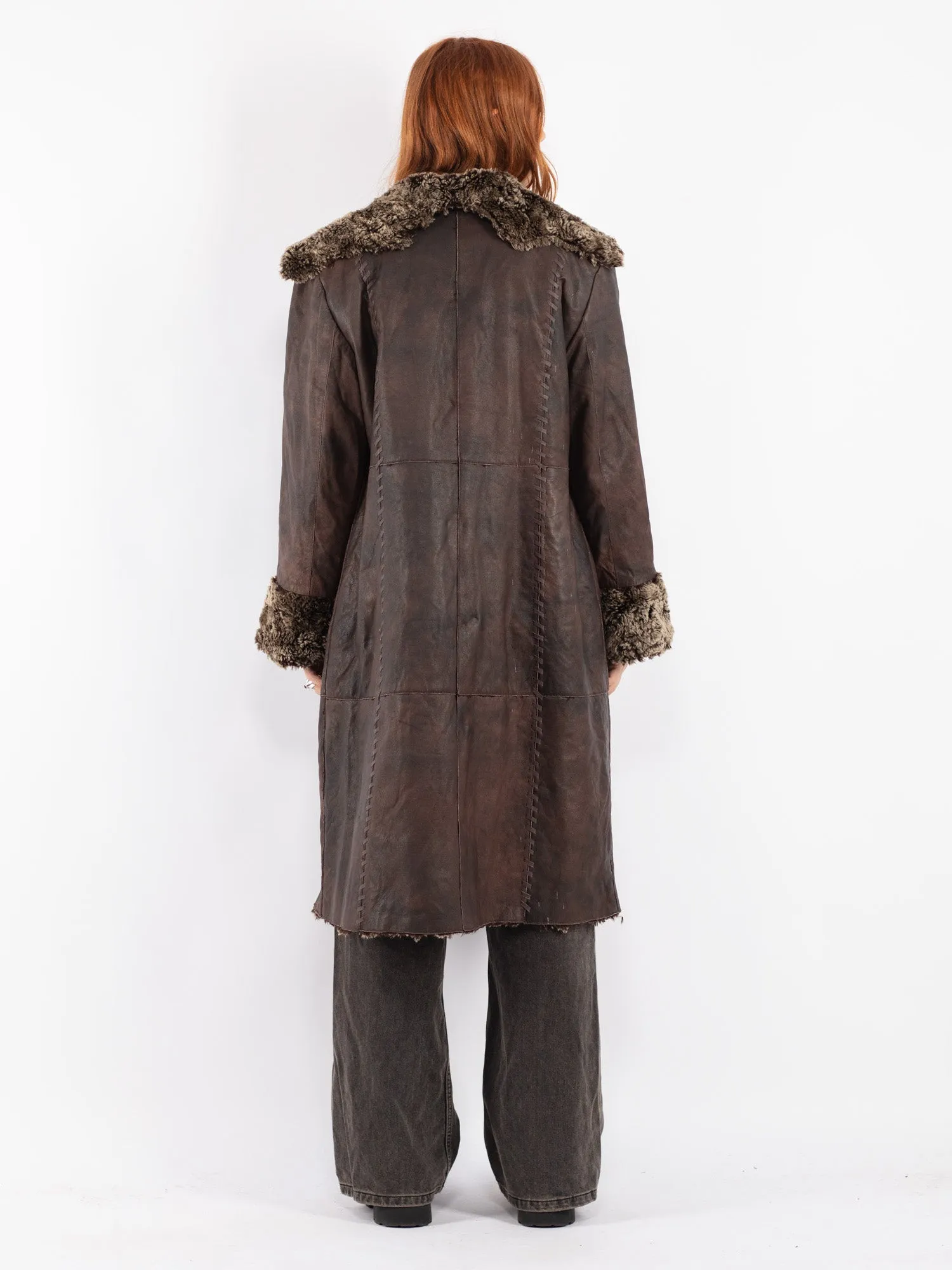 Vintage 90's Women Leather Sherpa Coat in Brown