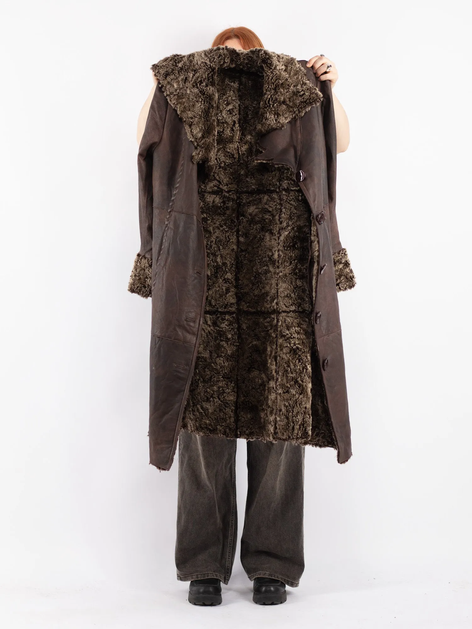 Vintage 90's Women Leather Sherpa Coat in Brown