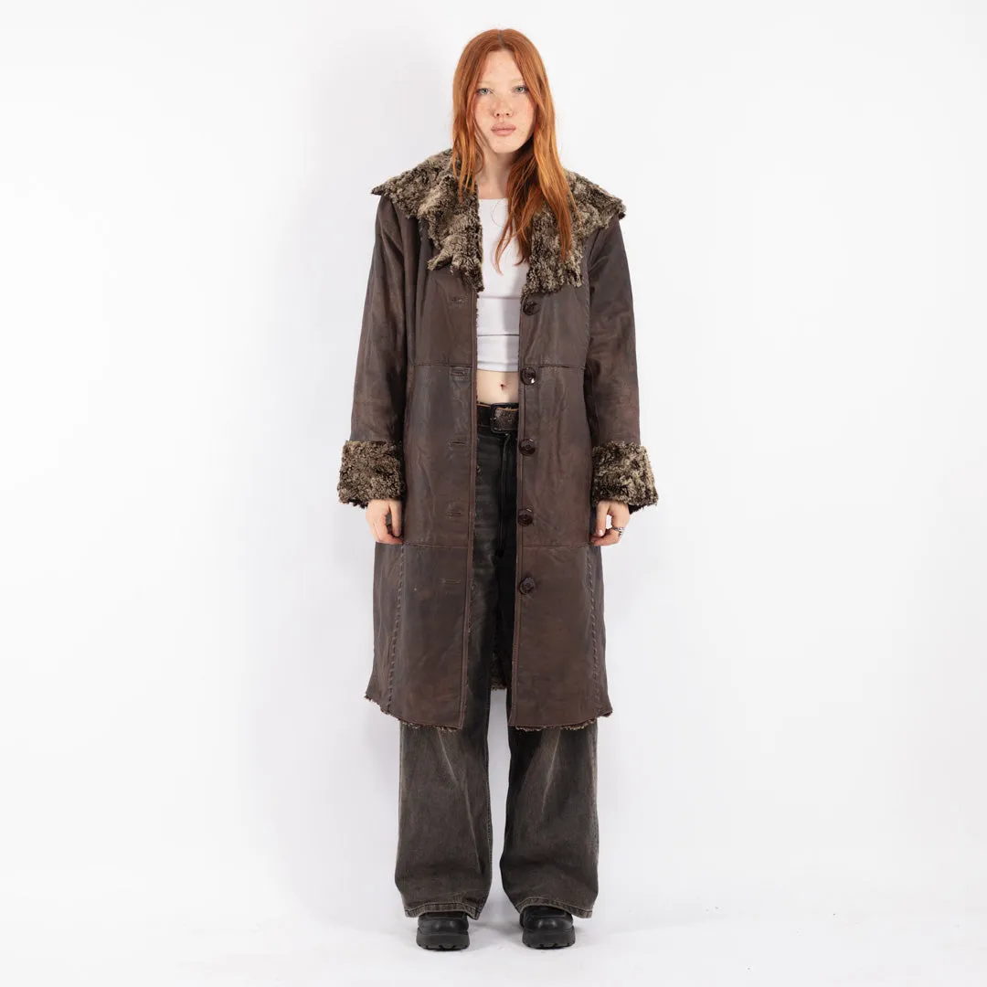 Vintage 90's Women Leather Sherpa Coat in Brown