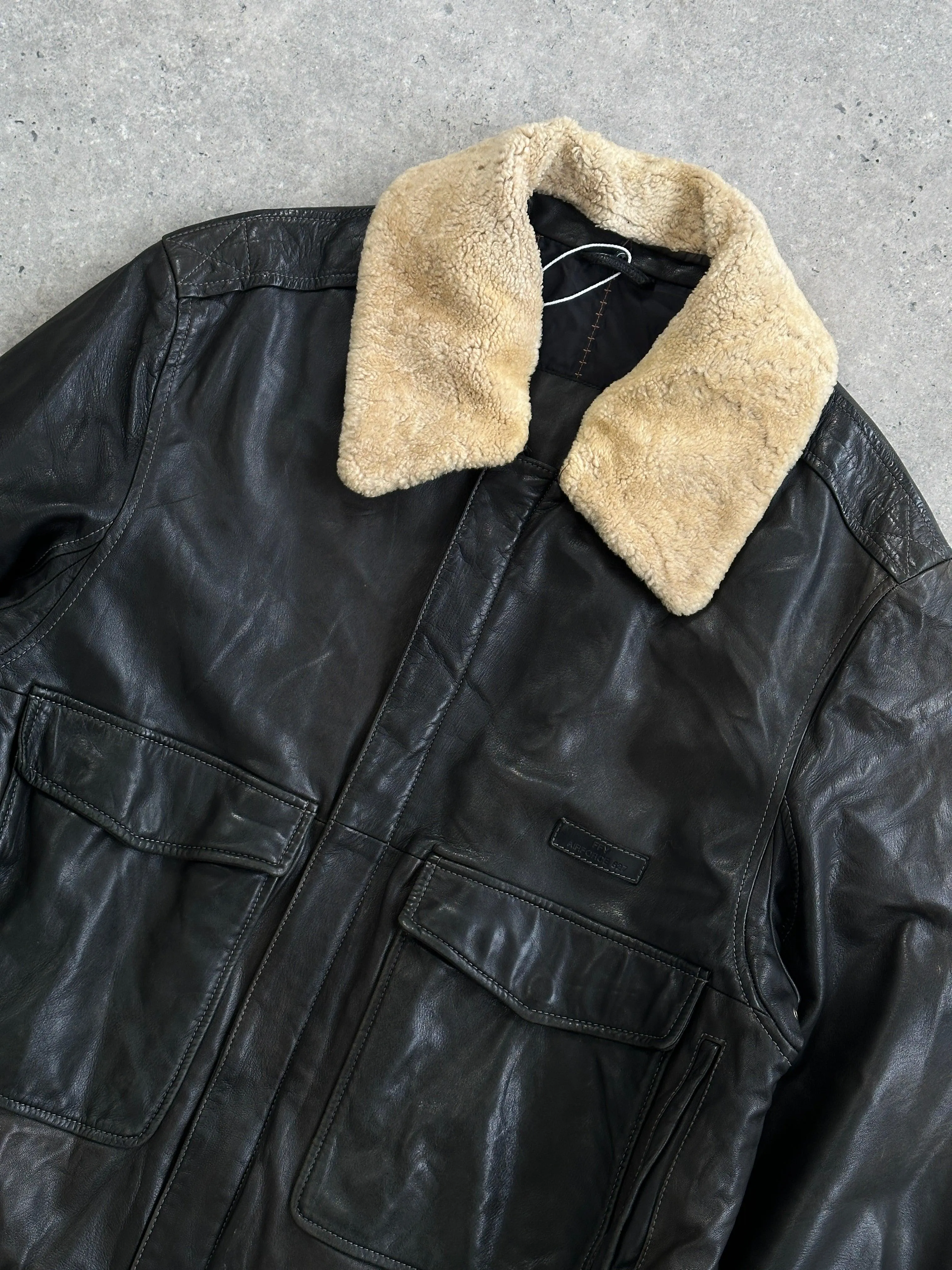 Vintage Removable Fur Collar Aviator Leather Bomber Jacket - L/XL