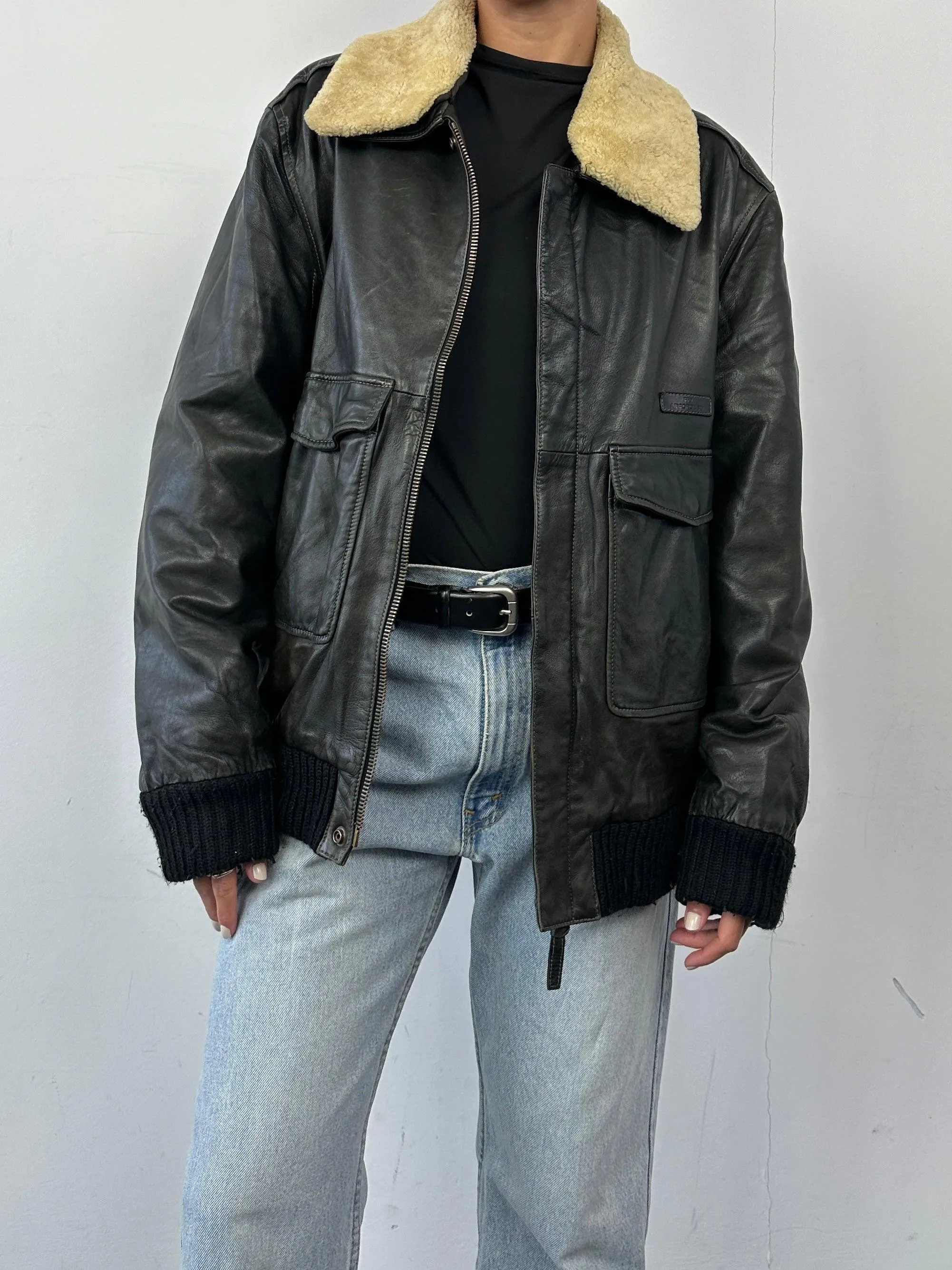 Vintage Removable Fur Collar Aviator Leather Bomber Jacket - L/XL