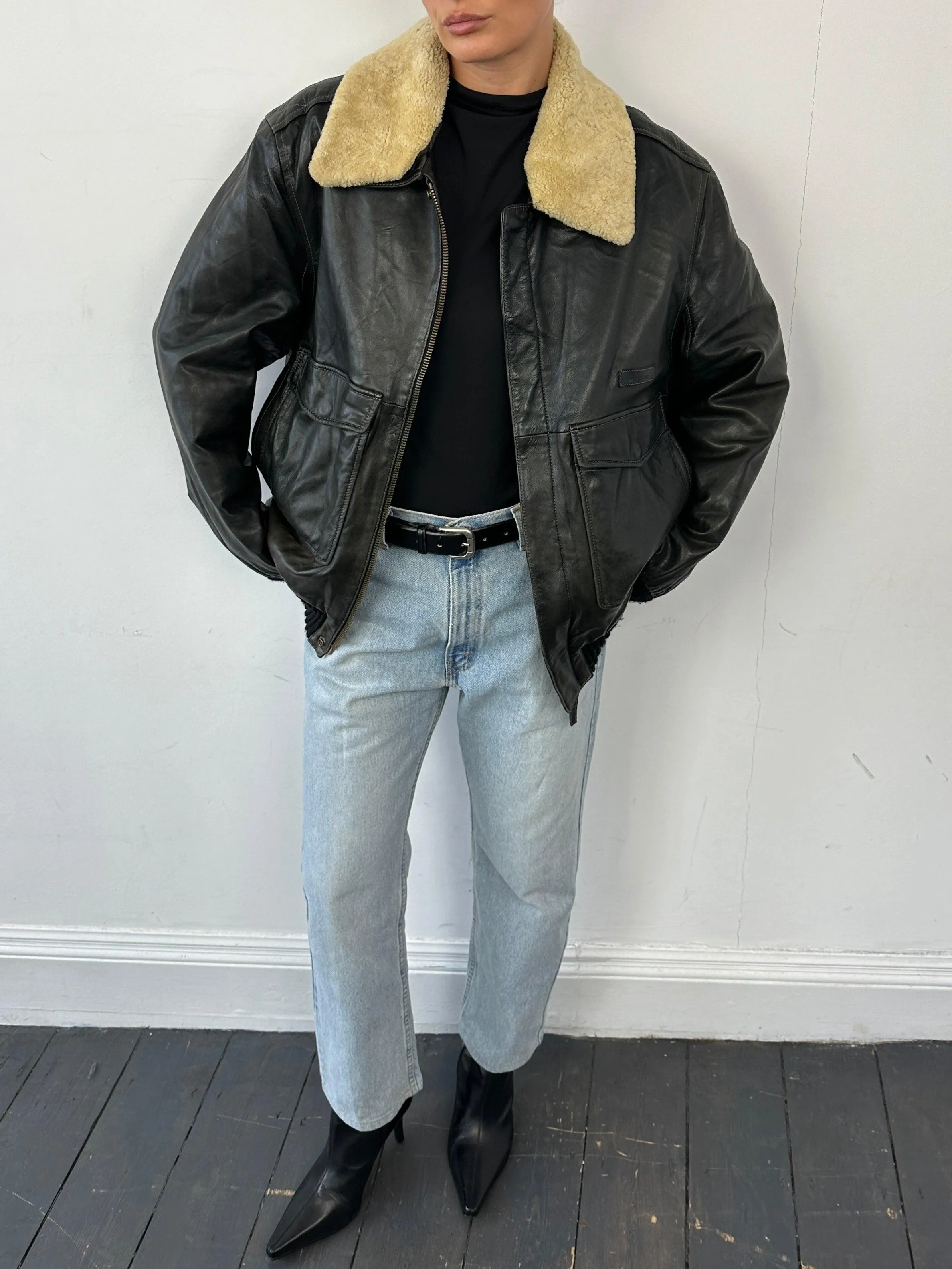 Vintage Removable Fur Collar Aviator Leather Bomber Jacket - L/XL