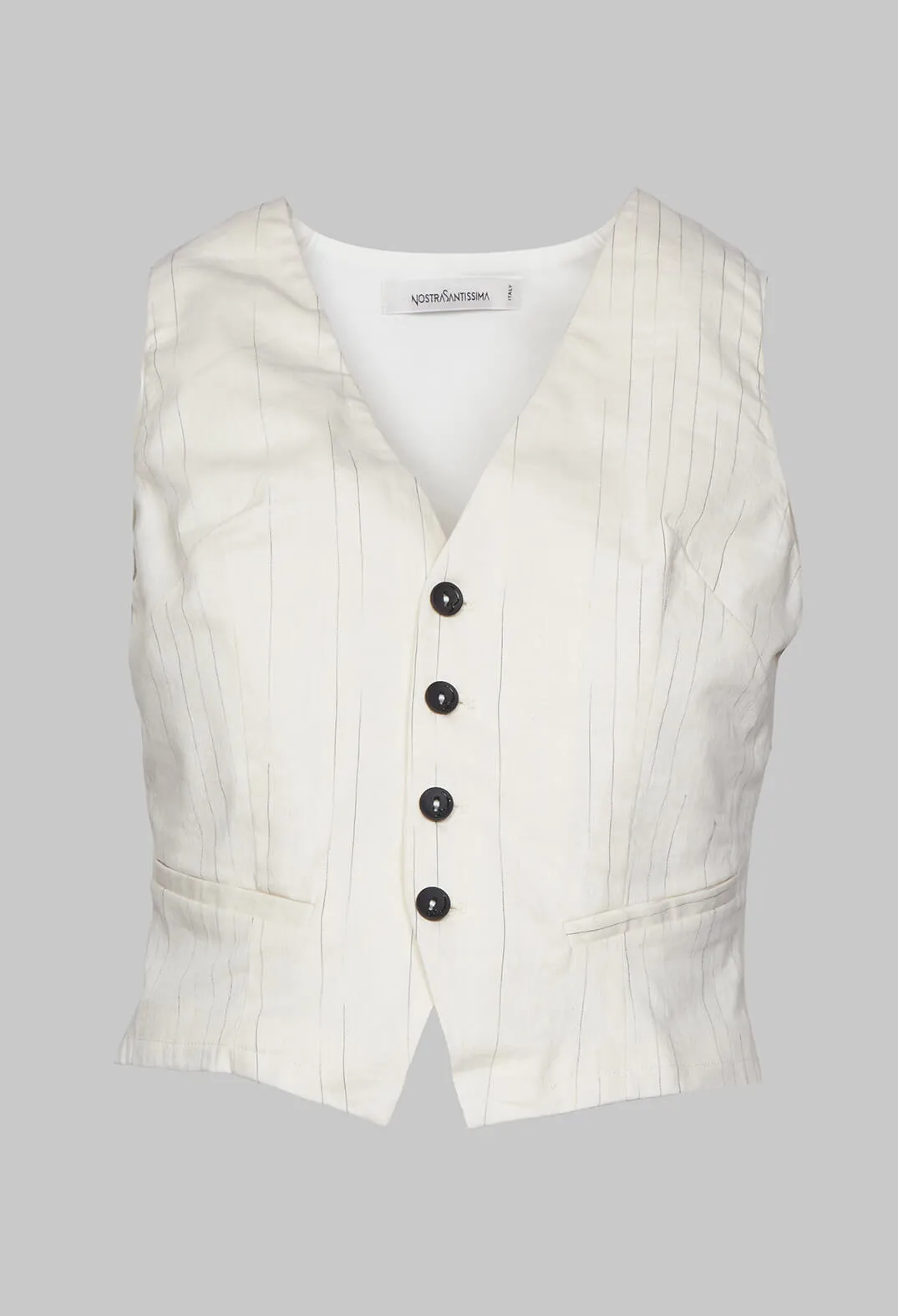 Waistcoat with Faux Front Pockets in White with Black Stripes