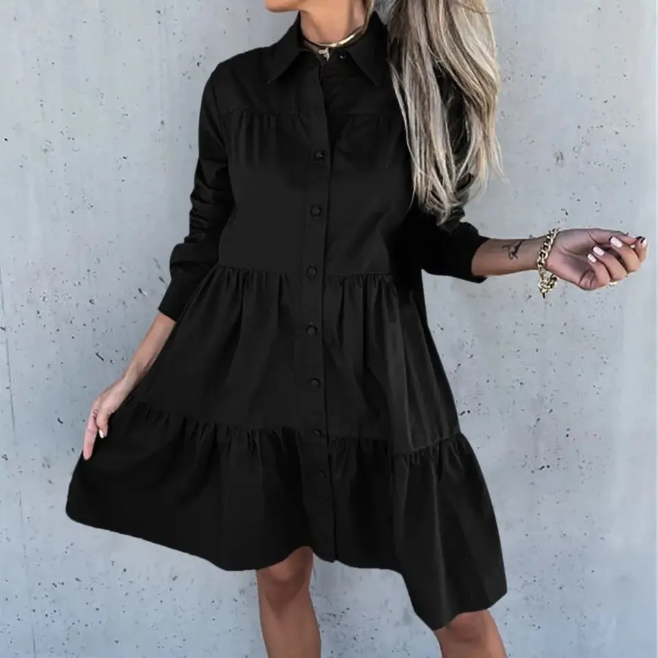 Women Solid Color Lapel Long Sleeve Casual Shirt Dress Button Large Womens Dress Petite Summer Dresses Wine Dress for Women S436