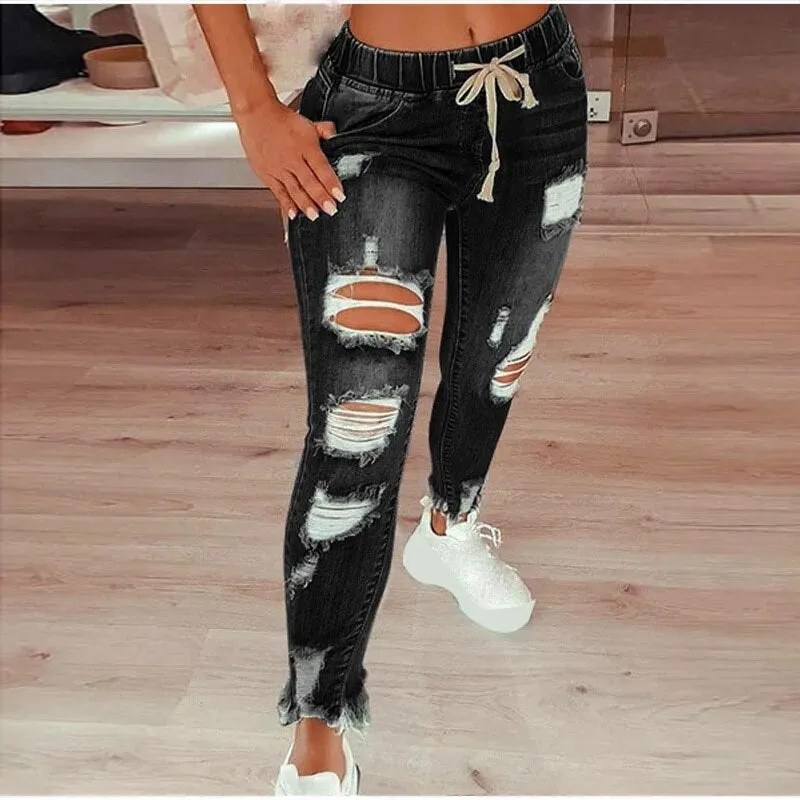 Women's American Style Hollow Out Drawstring Closure Ripped Jeans