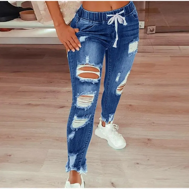 Women's American Style Hollow Out Drawstring Closure Ripped Jeans