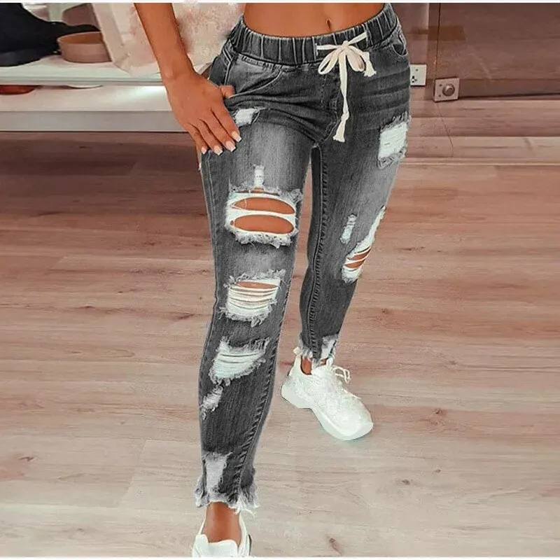 Women's American Style Hollow Out Drawstring Closure Ripped Jeans