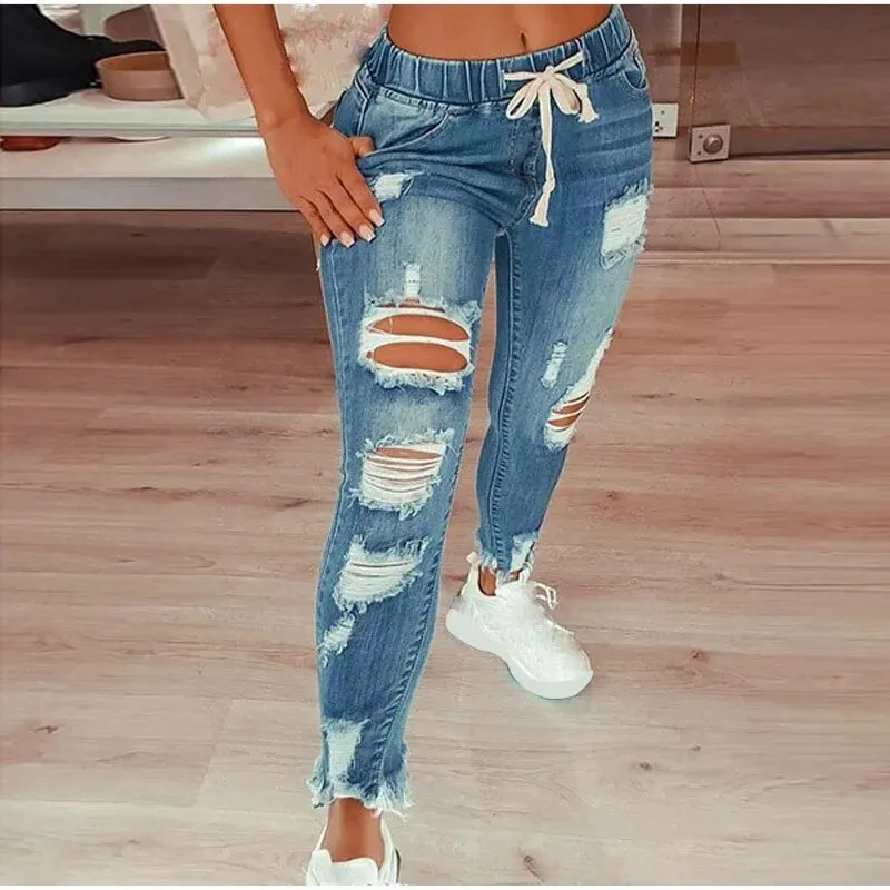 Women's American Style Hollow Out Drawstring Closure Ripped Jeans