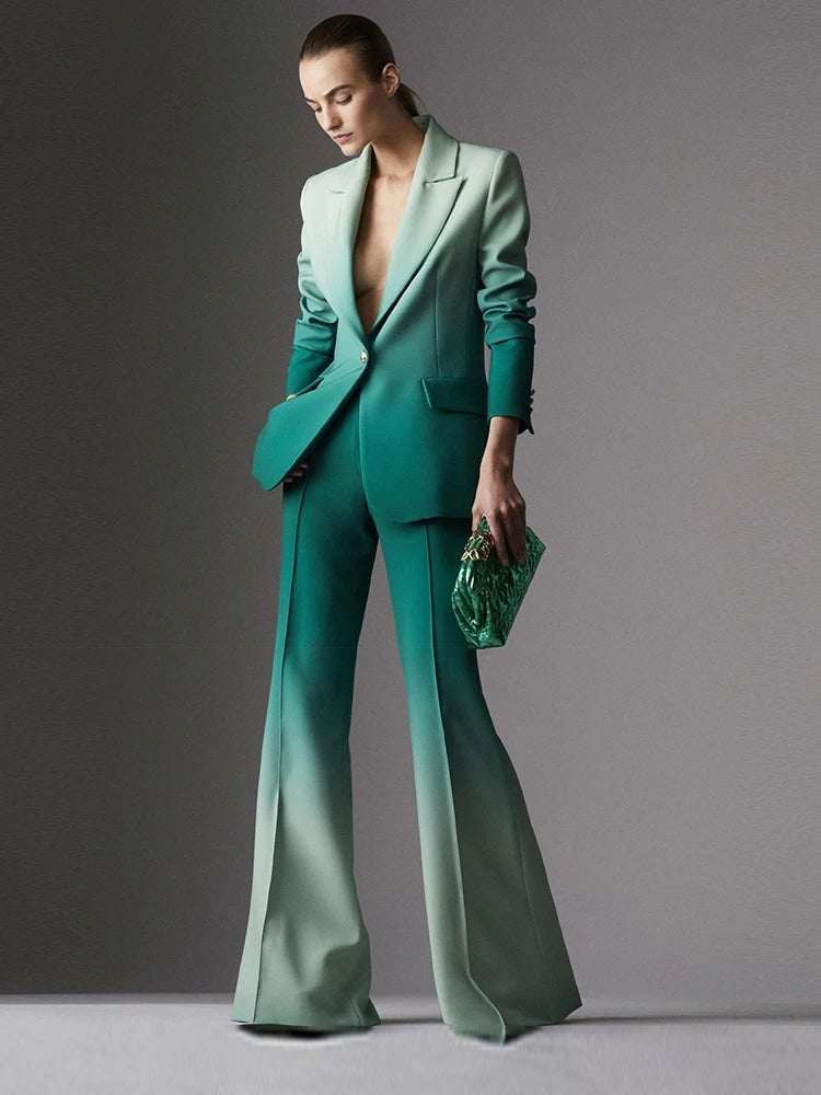 Womens Spring Summer Gradient Design Suits Sets OL Pant Suits Blazer and Pant Sets