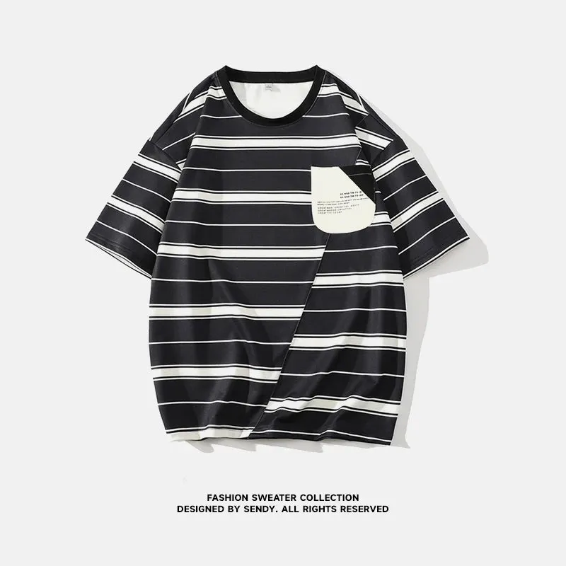 Xituodai Summer New Vintage Striped Printing Pocket Tee Homme Half Sleeve Loose Casual Fashion T-shirt Male Japanese Style Pullo