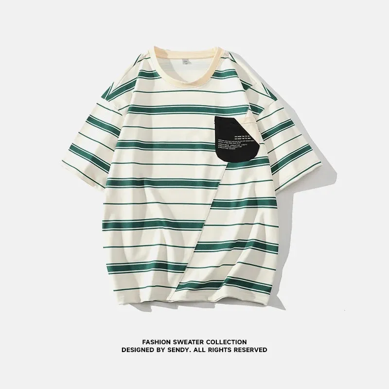 Xituodai Summer New Vintage Striped Printing Pocket Tee Homme Half Sleeve Loose Casual Fashion T-shirt Male Japanese Style Pullo